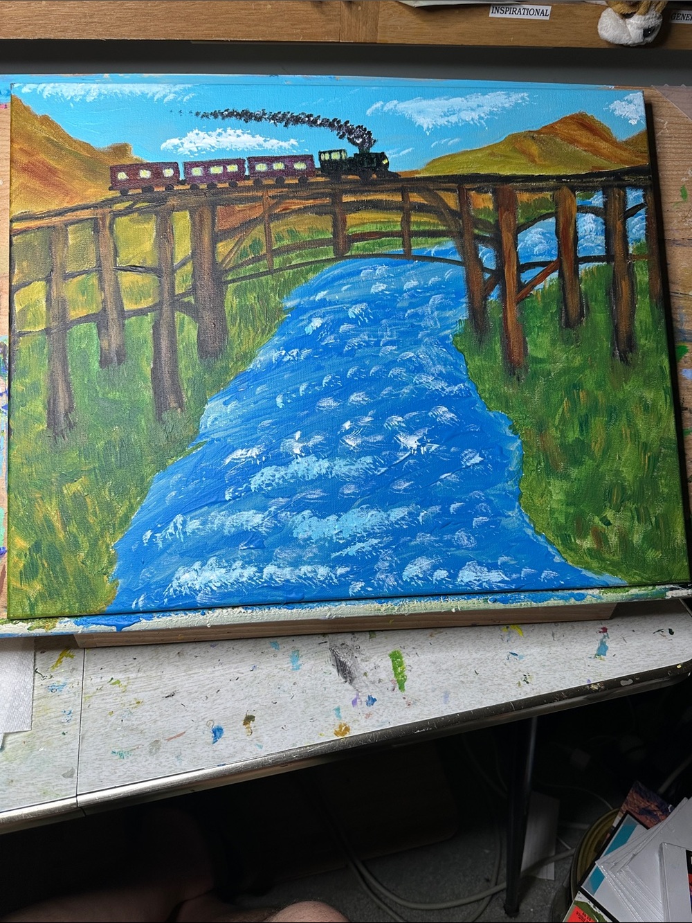 Hand-Painted River & Train Bridge Canvas in Blue and Green